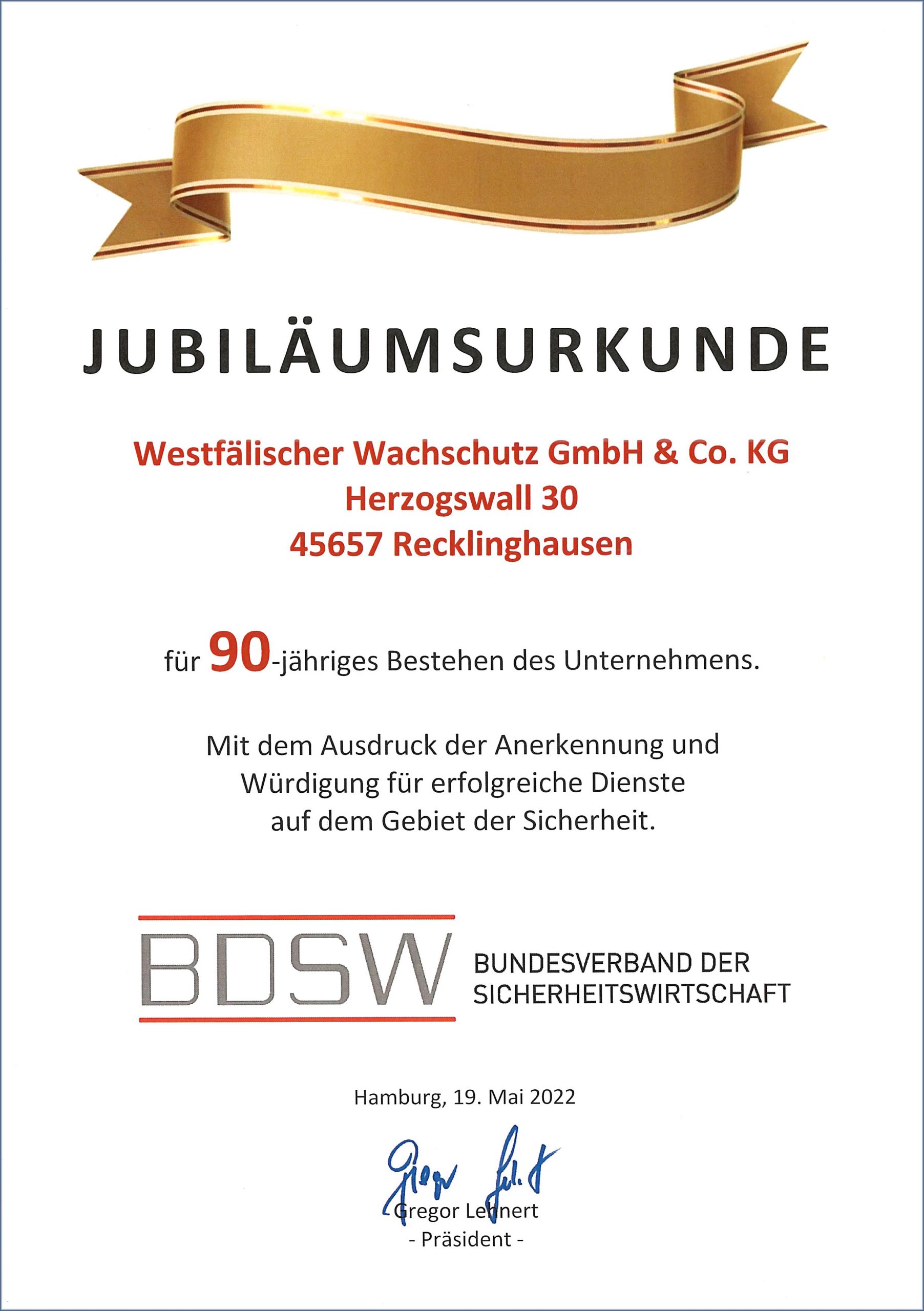 Urkunde, 90 Jahre WWS, BDSW